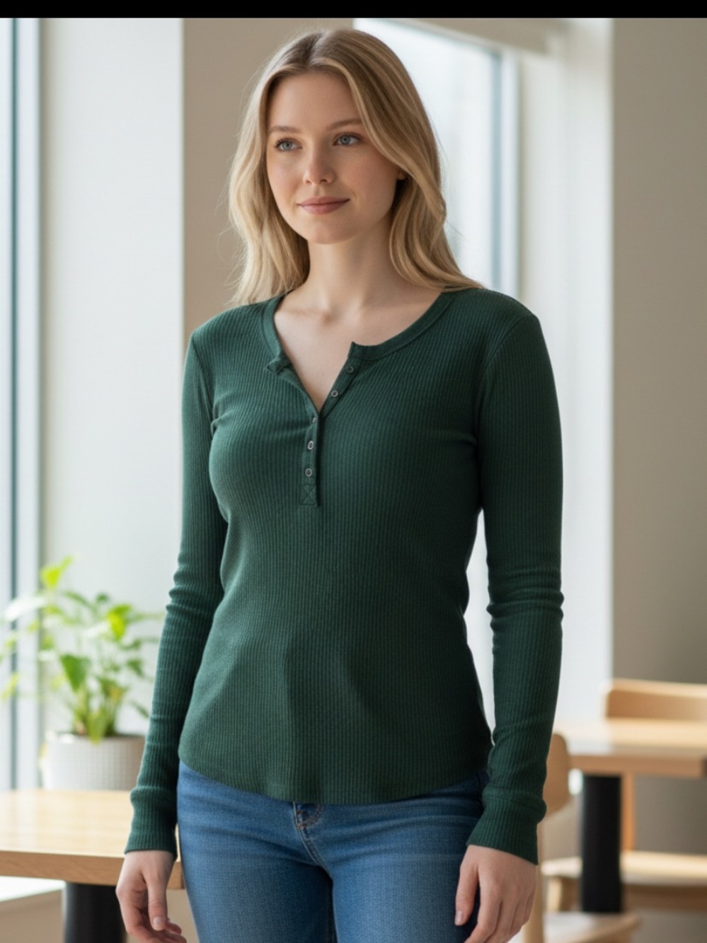 aerie Ribbed Long-Sleeve Henley in Dark Green